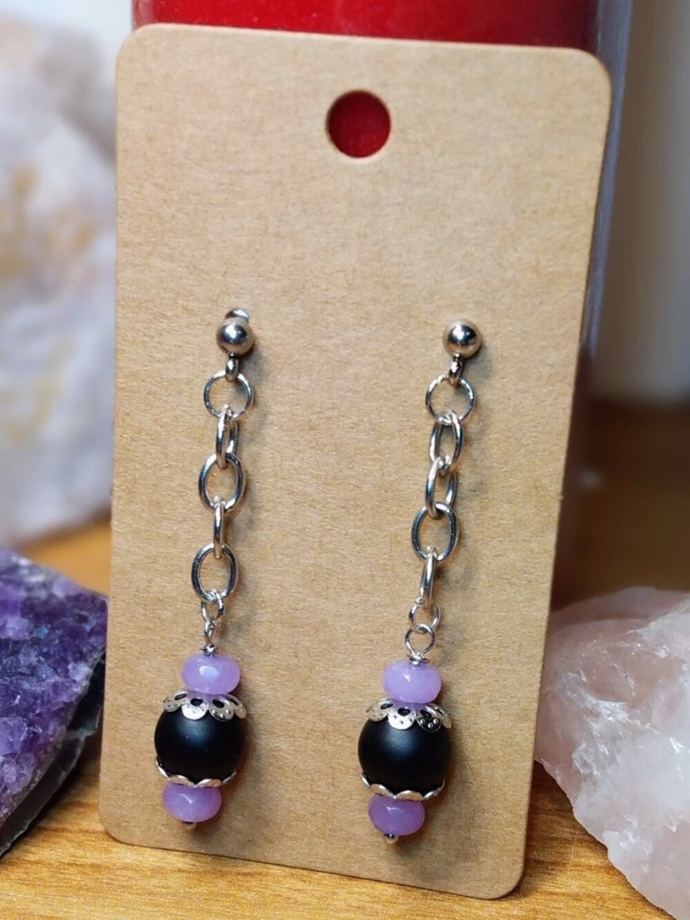 Midnight Lavender – Handmade Black & Purple Agate Dangle Earrings